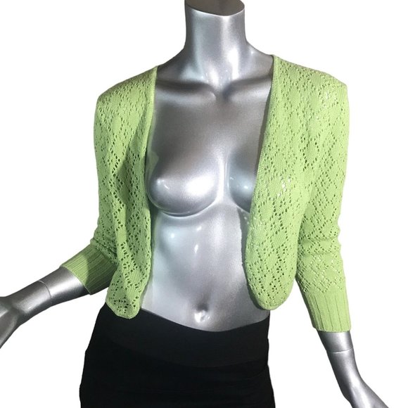 Vintage USA Notations Women's Medium Crop Neon Green Crochet Knit Open Front Car - Picture 2 of 14